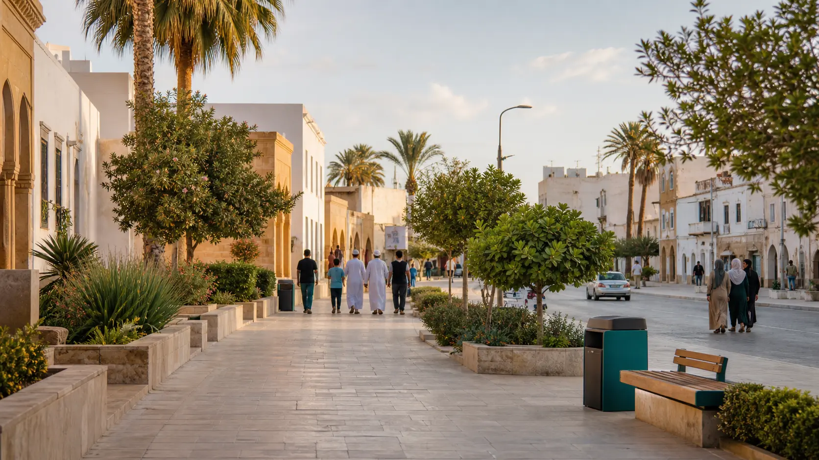 ممشى عام نظيف ومحاط بالنخيل في حي ليبي وقت الغروب